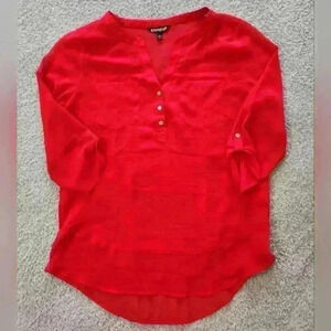 Express Red Three Quarter Roll Tab Sleeve V-Neck Semi-Sheer Blouse